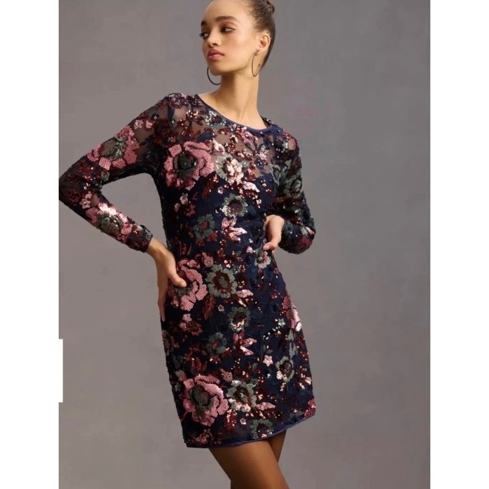 Anthropologie Sequin Floral Mesh Mini Dress Navy Blue Long Sleeve 8P Coktail